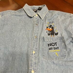 Vintage Daffy Duck Shirt Mens M Button Up Embroidered Denim Looney Tunes 90s